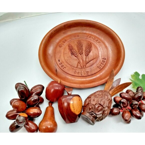 Vintage Wood Hand Carved Decorative Bowl & Wooden Fruit AMAZING - Picture 3 of 12